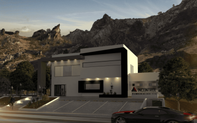 Moderna edificación de dos plantas con diseño geométrico y grandes ventanales, situada al pie de unas montañas rocosas. Un coche negro está aparcado delante, los árboles rodean la zona y un cartel indica “Incontrol”, señalando las oficinas. Moderna edificación de dos plantas con diseño geométrico y grandes ventanales, situada al pie de unas montañas rocosas. Un coche negro está aparcado delante, los árboles rodean la zona y un cartel indica "Incontrol", señalando las oficinas.