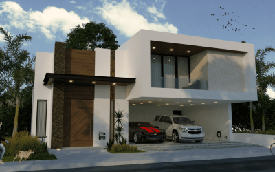 Proyecto Arq presenta Residencia CM, una moderna casa de dos plantas con un exterior blanco y marrón, grandes ventanales, detalles de madera y un espacioso garaje. Un perro juega en el césped mientras las palmeras y los pájaros completan el sereno entorno. Proyecto Arq presenta Residencia CM, una moderna casa de dos plantas con un exterior blanco y marrón, grandes ventanales, detalles de madera y un espacioso garaje. Un perro juega en el césped mientras las palmeras y los pájaros completan el sereno entorno.