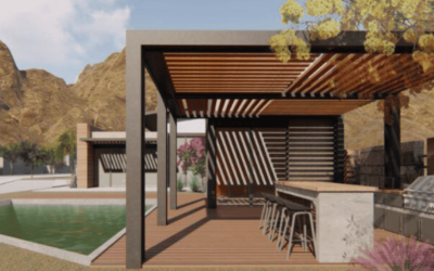 Un moderno patio exterior de Deserto Residencial cuenta con una pérgola de madera, una barra de bar con taburetes y una barbacoa junto a una piscina. Las montañas y los árboles forman el telón de fondo perfecto para este Proyecto Arq bajo un cielo azul despejado. Un moderno patio exterior de Deserto Residencial cuenta con una pérgola de madera, una barra de bar con taburetes y una barbacoa junto a una piscina. Las montañas y los árboles forman el telón de fondo perfecto para este Proyecto Arq bajo un cielo azul despejado.