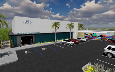 Un moderno edificio de panadería rotulado “Suspiros Pastelerías” con aparcamiento, incluidas plazas accesibles, varios coches, palmeras, jardinería y un colorido mural en una pared cercana bajo un cielo parcialmente nublado. Un moderno edificio de panadería rotulado "Suspiros Pastelerías" con aparcamiento, incluidas plazas accesibles, varios coches, palmeras, jardinería y un colorido mural en una pared cercana bajo un cielo parcialmente nublado.