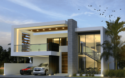 Moderna casa de dos plantas con grandes ventanales, un balcón y un camino de entrada con dos coches aparcados. La casa presenta líneas elegantes, iluminación exterior, palmeras y una bandada de pájaros en el cielo del atardecer. Moderna casa de dos plantas con grandes ventanales, un balcón y un camino de entrada con dos coches aparcados. La casa presenta líneas elegantes, iluminación exterior, palmeras y una bandada de pájaros en el cielo del atardecer.